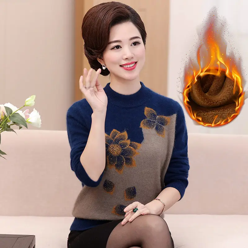 Middle-Aged Velvet Knit Sweater Brown Green Floral Large - Image 6