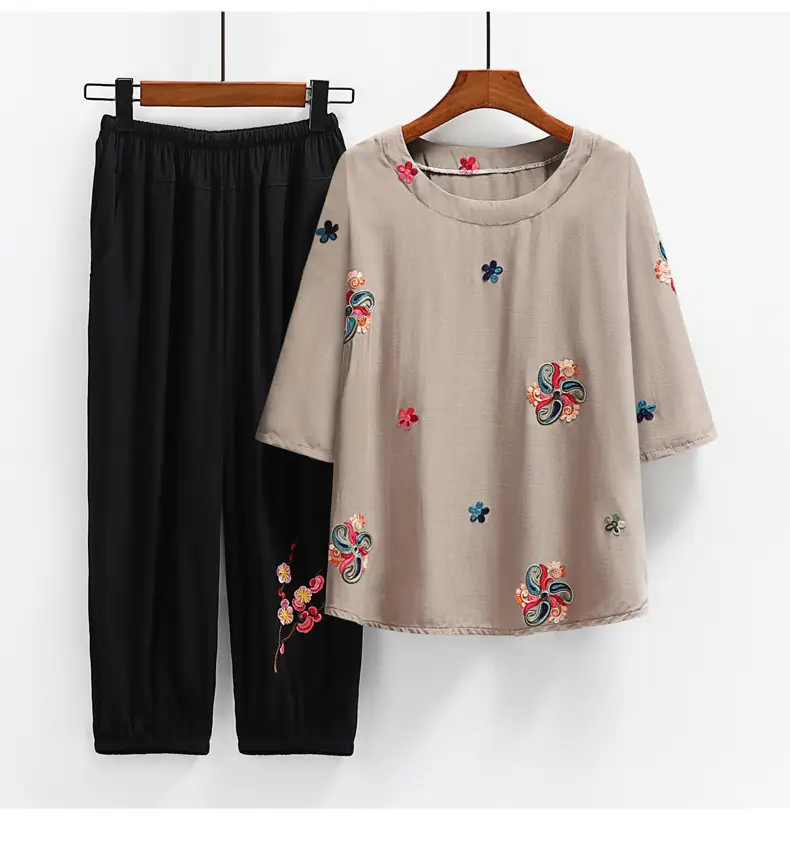 Embroidered T-Shirt & Pants Set Green Black Plus Size — feature 23