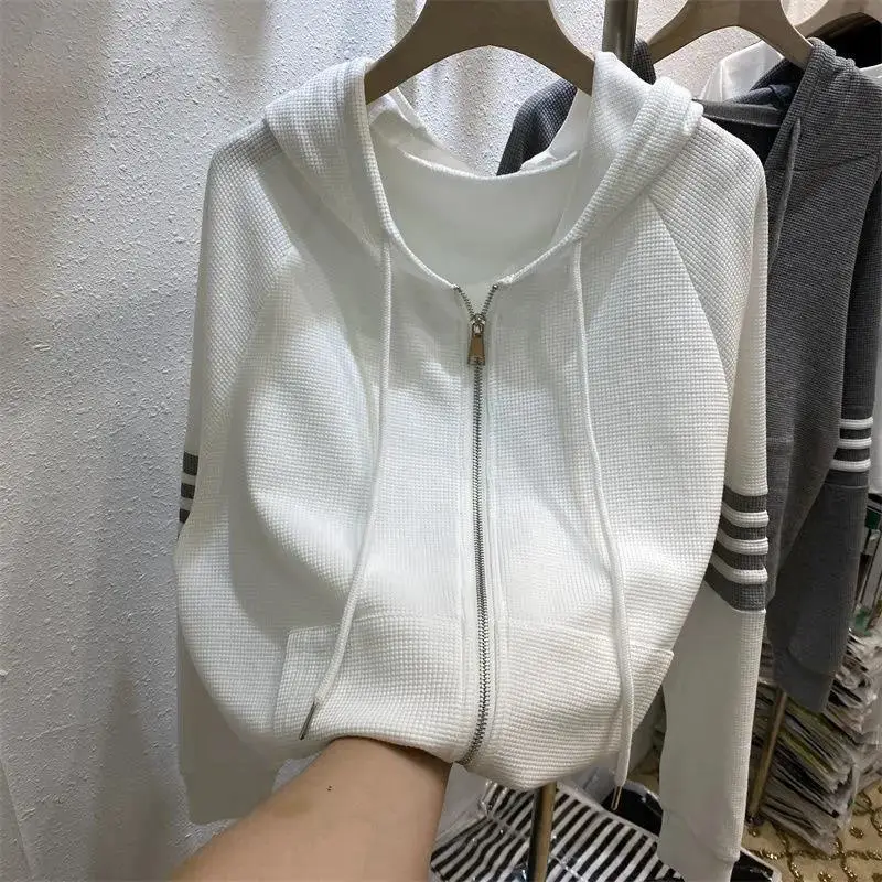 Women's Navy Blue Waffle Knit Cardigan Hooded Coat