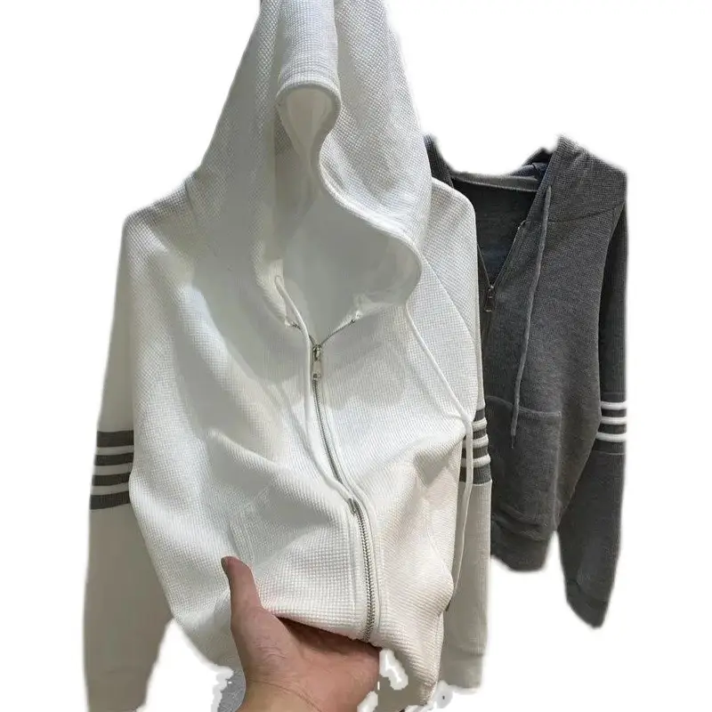 Women's Navy Blue Waffle Knit Cardigan Hooded Coat