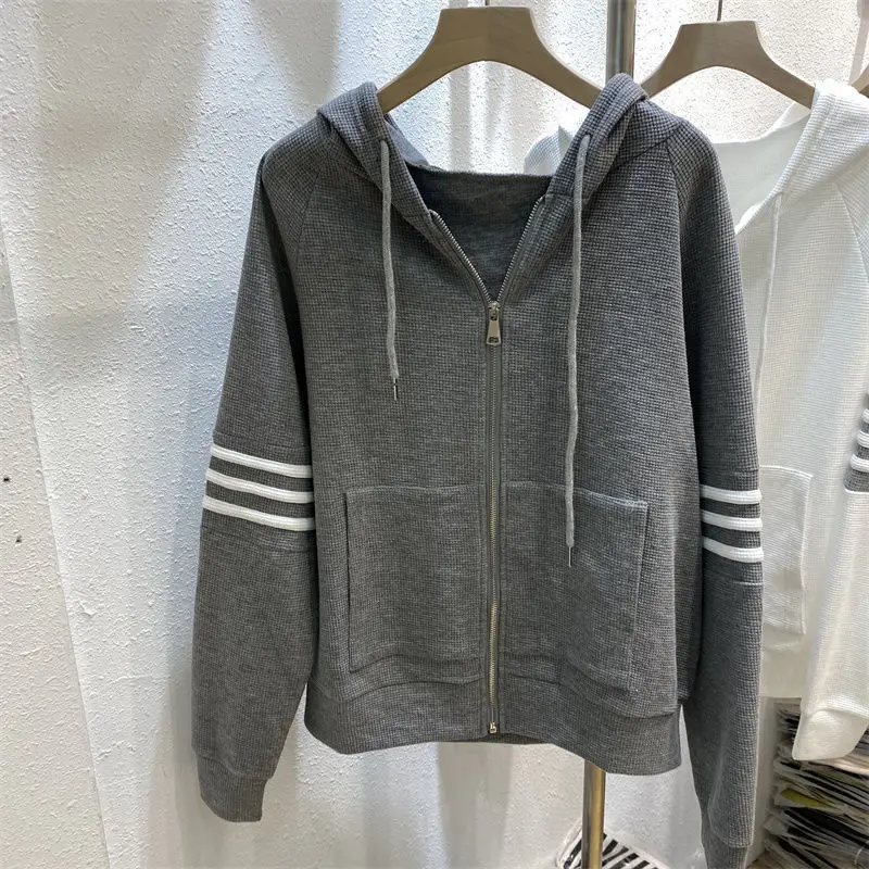 Women's Navy Blue Waffle Knit Cardigan Hooded Coat — feature 13
