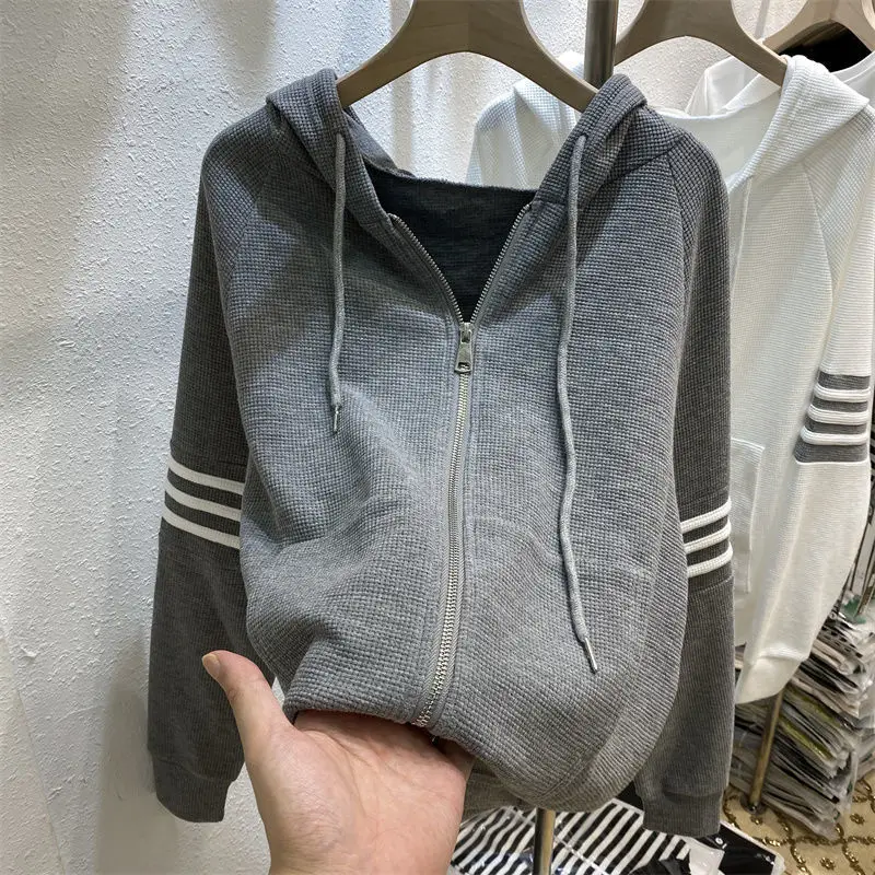 Women's Navy Blue Waffle Knit Cardigan Hooded Coat — feature 14
