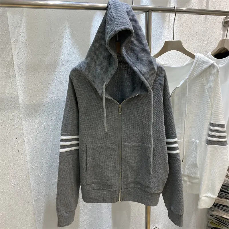 Women's Navy Blue Waffle Knit Cardigan Hooded Coat — feature 16