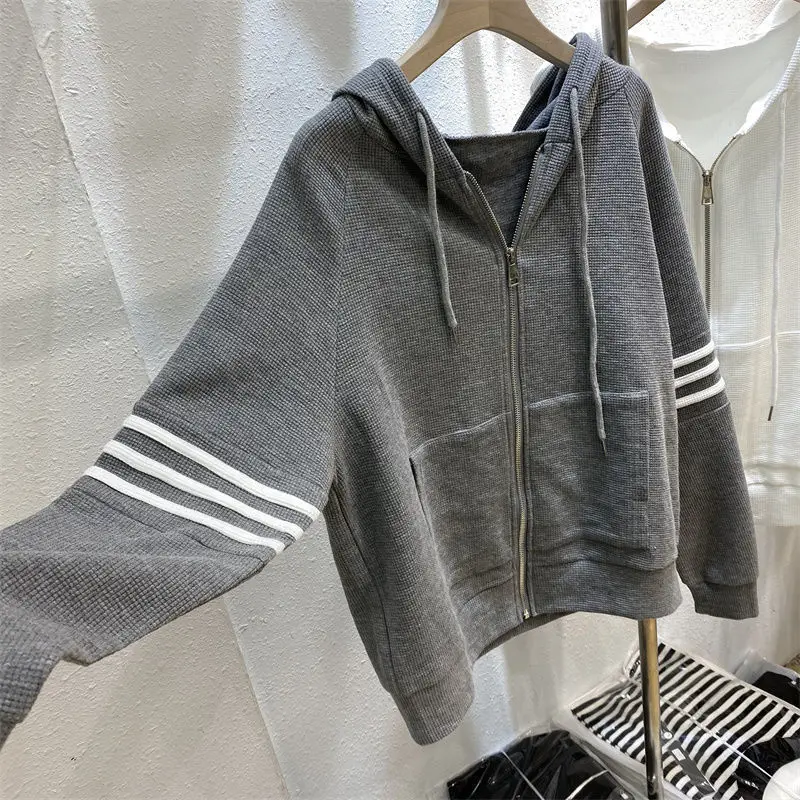 Women's Navy Blue Waffle Knit Cardigan Hooded Coat — feature 17
