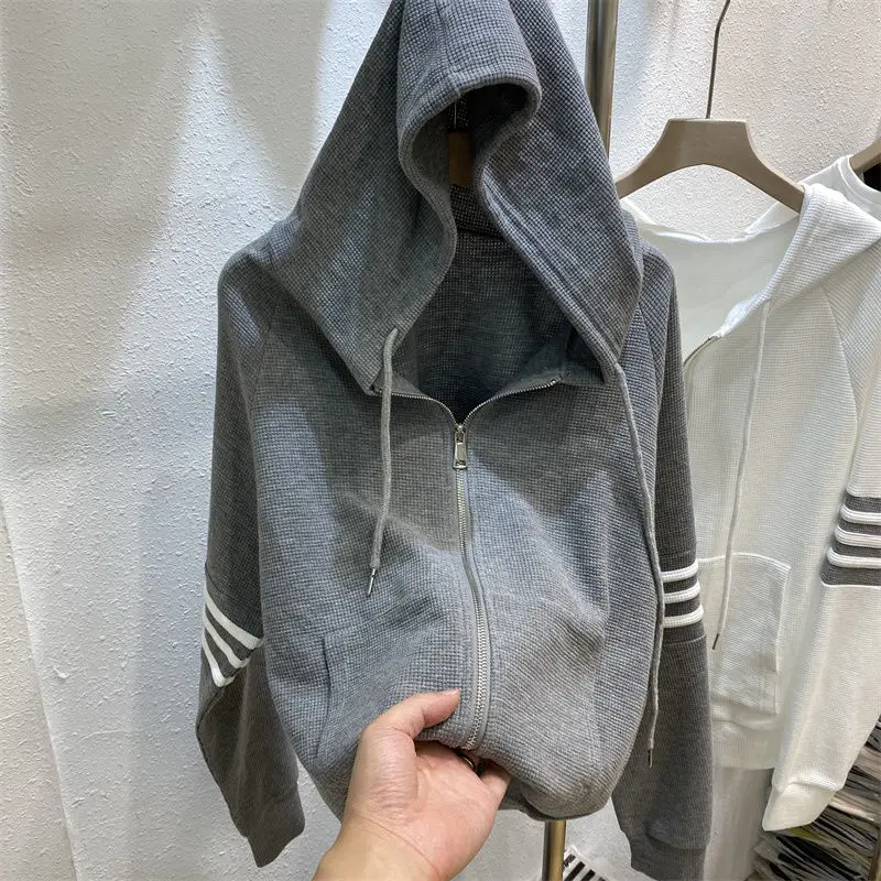 Women's Navy Blue Waffle Knit Cardigan Hooded Coat — feature 20