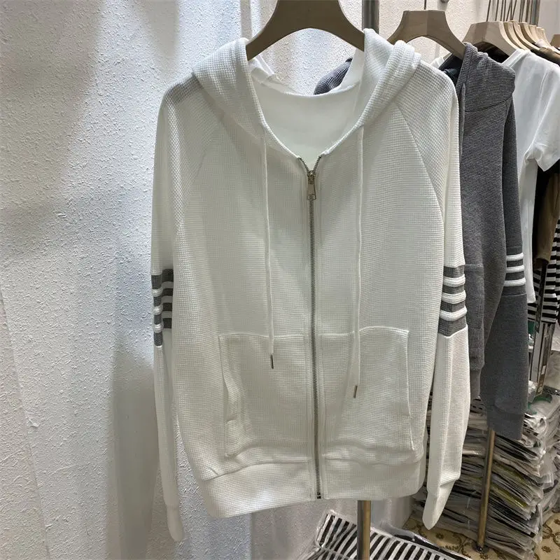 Women's Navy Blue Waffle Knit Cardigan Hooded Coat — feature 6