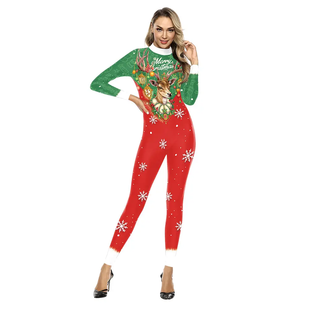 2024 Christmas Printed Jumpsuit Women Red Green Long Sleeve