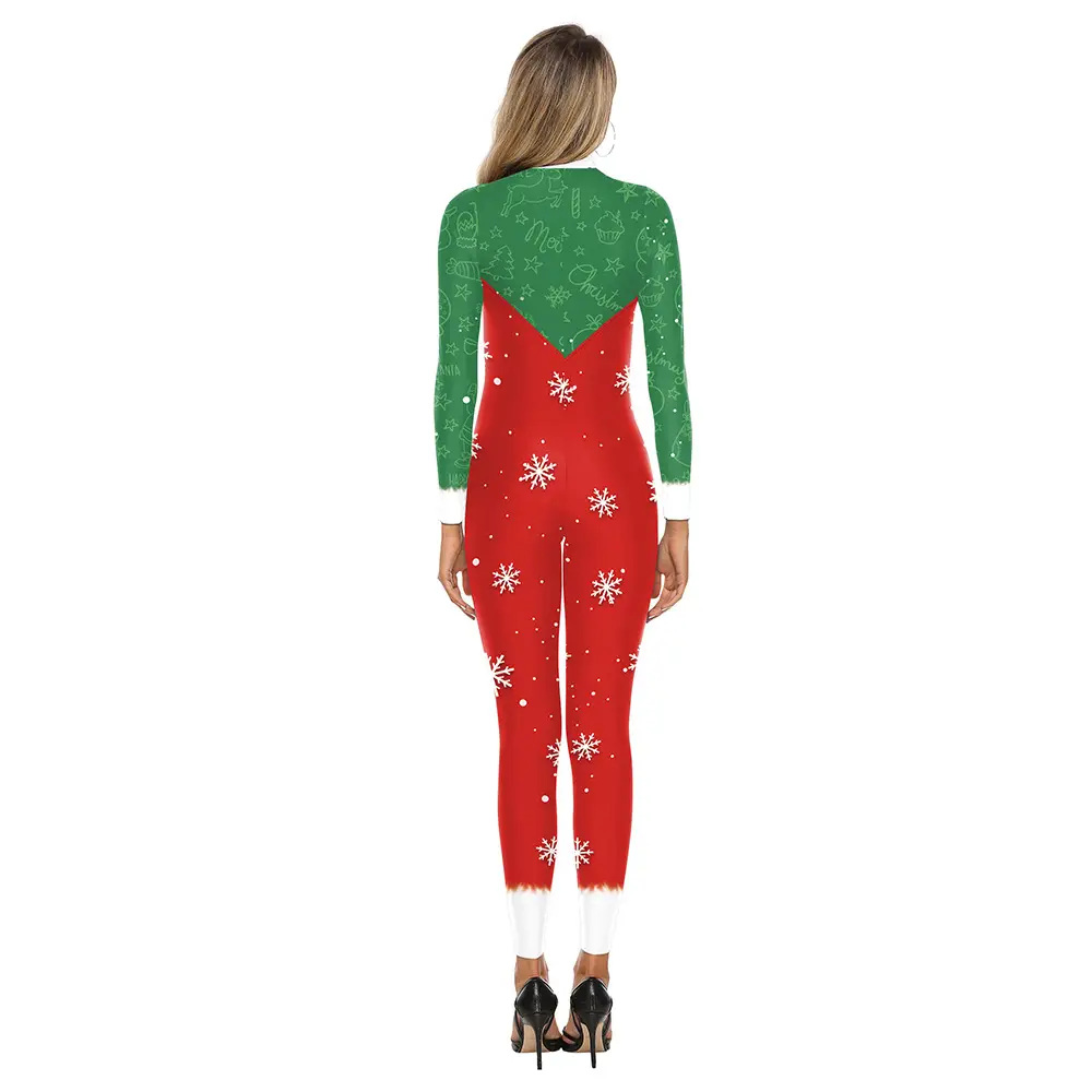 2024 Christmas Printed Jumpsuit Women Red Green Long Sleeve
