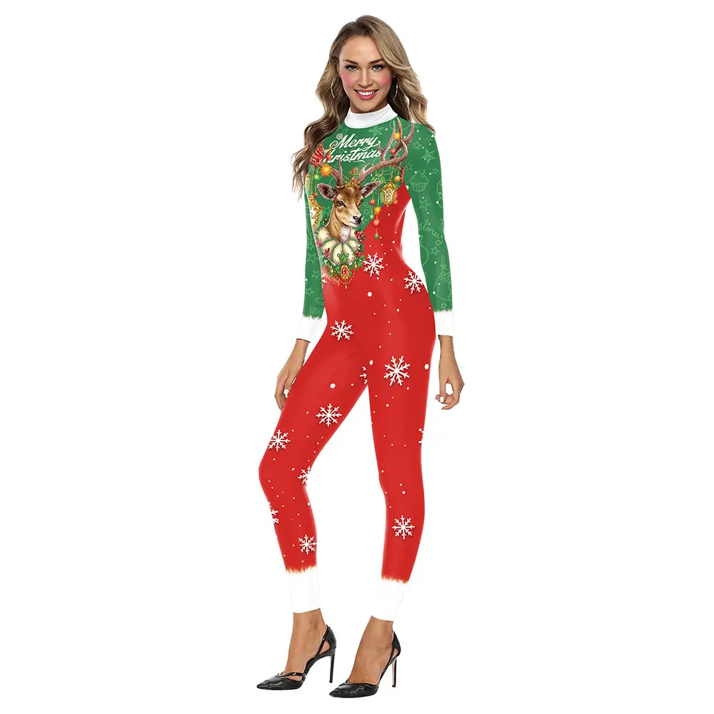 2024 Christmas Printed Jumpsuit Women Red Green Long Sleeve
