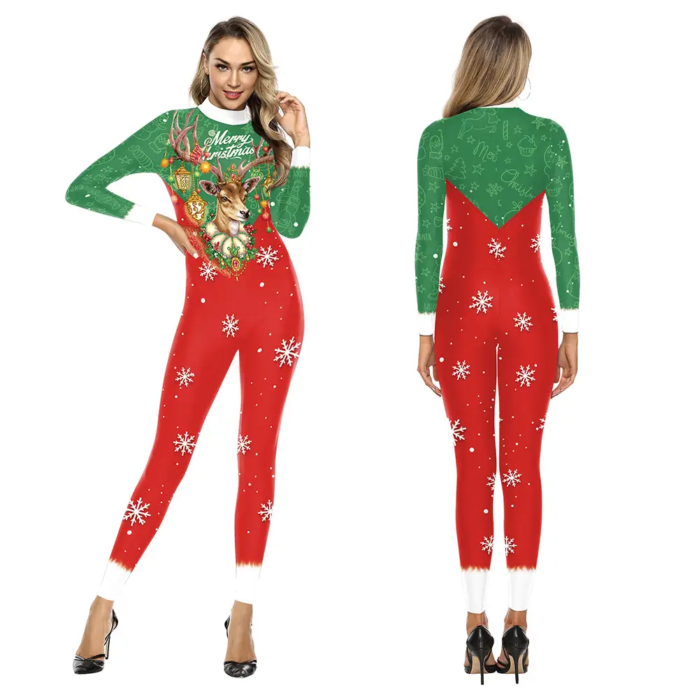 2024 Christmas Printed Jumpsuit Women Red Green Long Sleeve