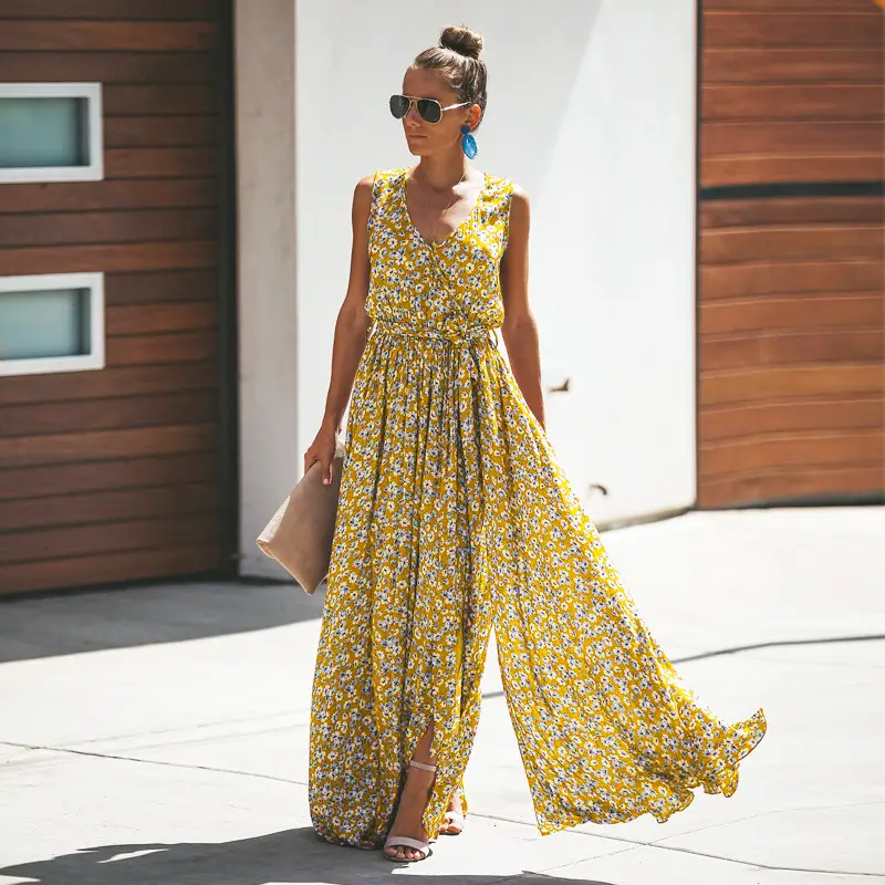 2025 Print Elegant Sleeveless Bohemian Dress Yellow - Image 17