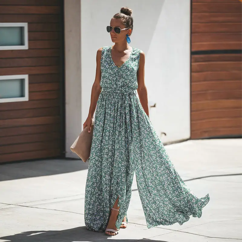 2025 Print Elegant Sleeveless Bohemian Dress Yellow - Image 18