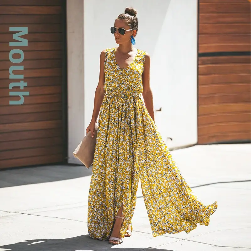 2025 Print Elegant Sleeveless Bohemian Dress Yellow - Image 3