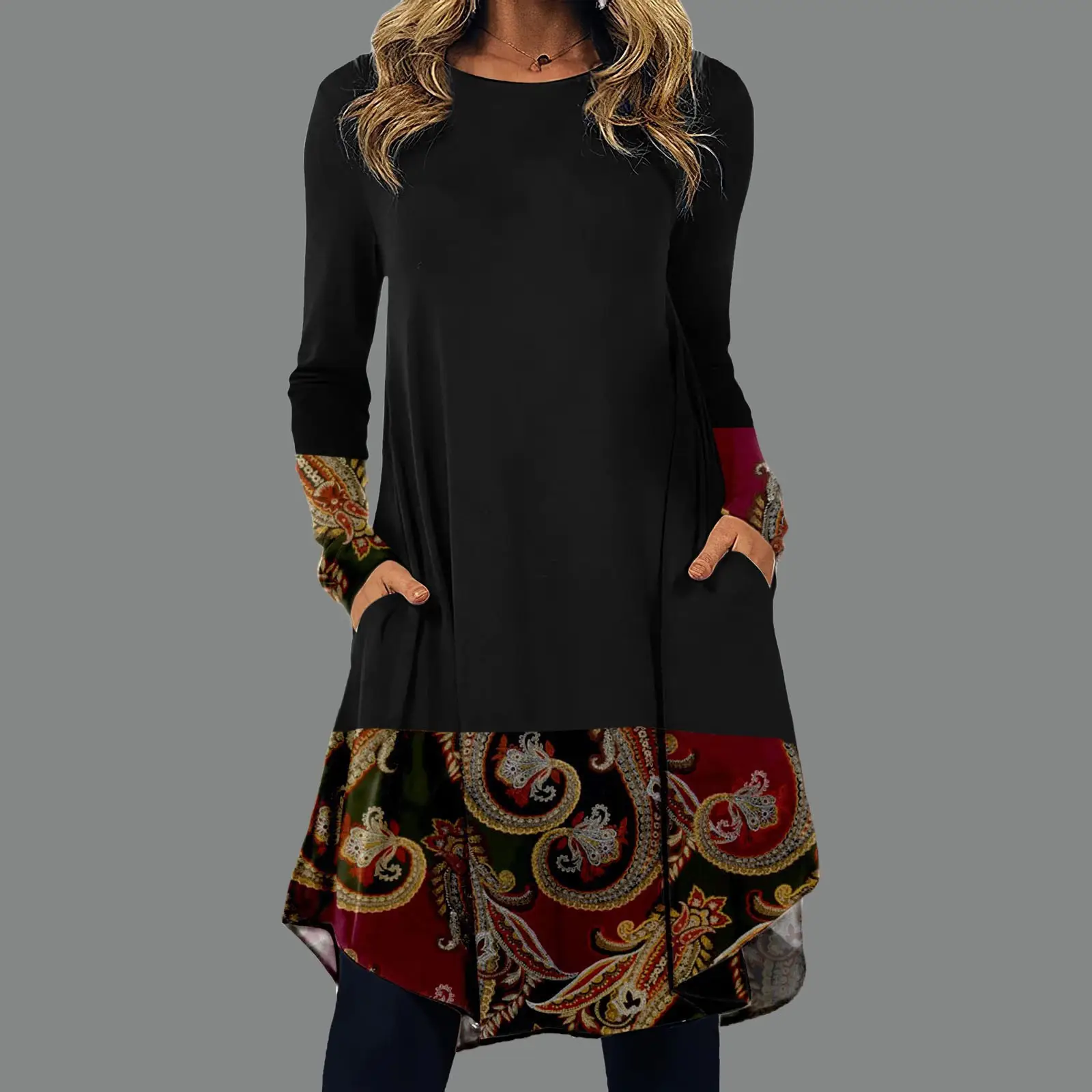 Women Floral Skirt Tunic Set Navy Blue Spring Autumn - Image 12