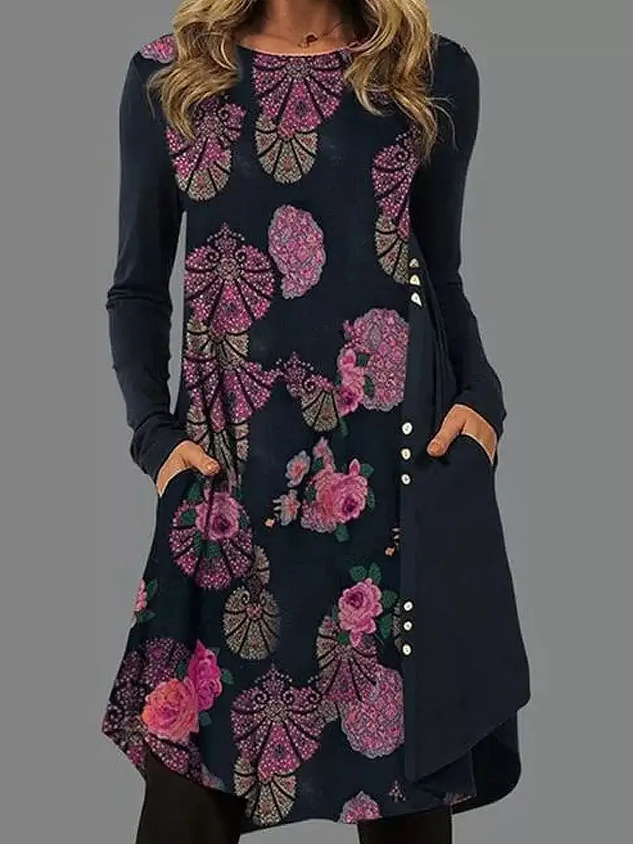 Women Floral Skirt Tunic Set Navy Blue Spring Autumn - Image 15