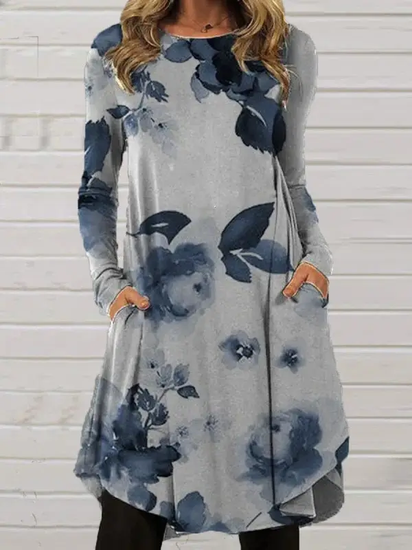Women Floral Skirt Tunic Set Navy Blue Spring Autumn - Image 5