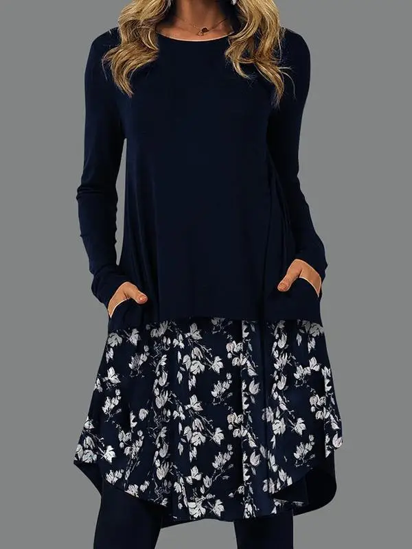 Women Floral Skirt Tunic Set Navy Blue Spring Autumn - Image 7