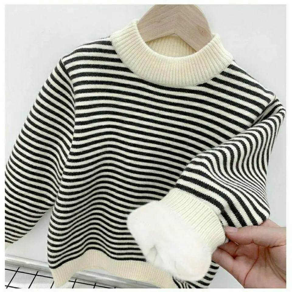 Velvet Striped Round Neck Sweater for Boys Girls Winter - Image 5