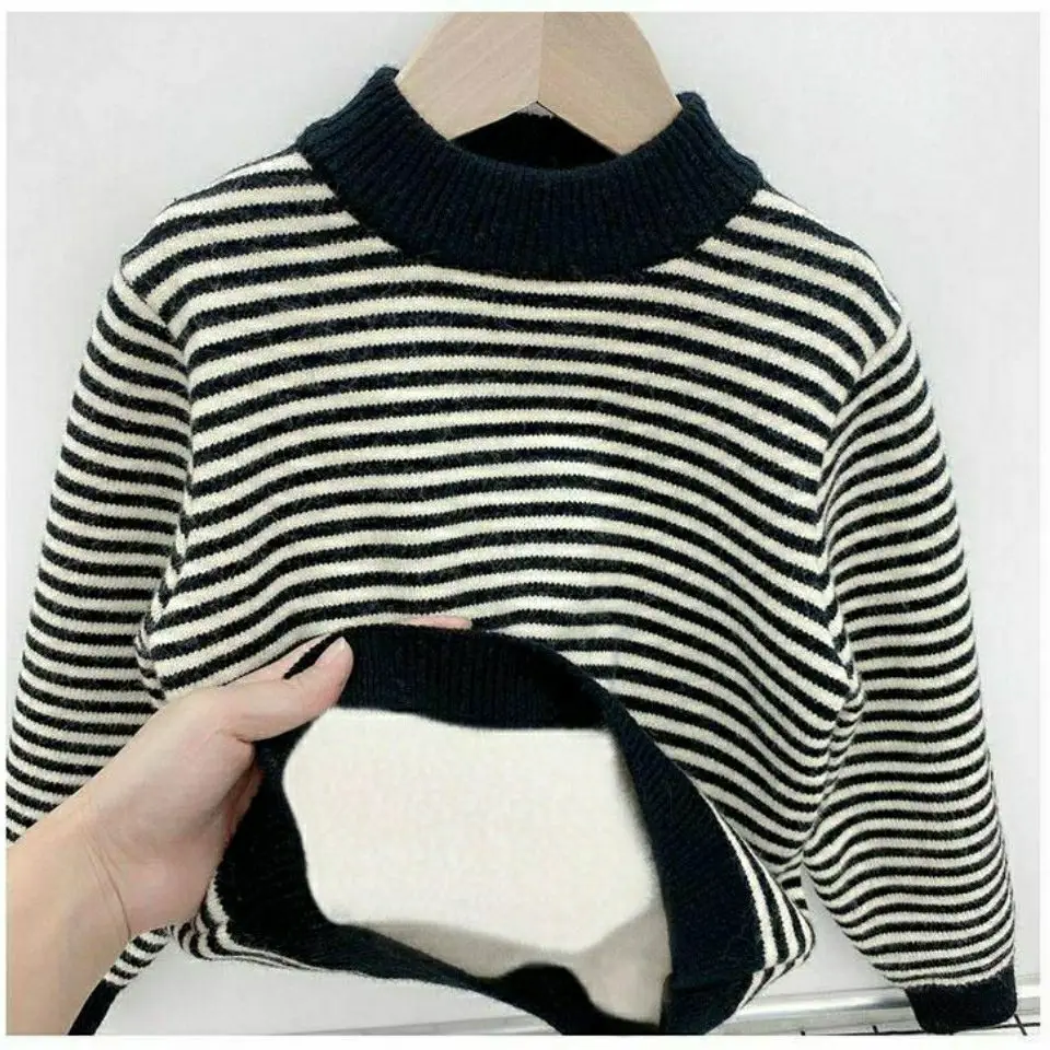 Velvet Striped Round Neck Sweater for Boys Girls Winter - Image 6
