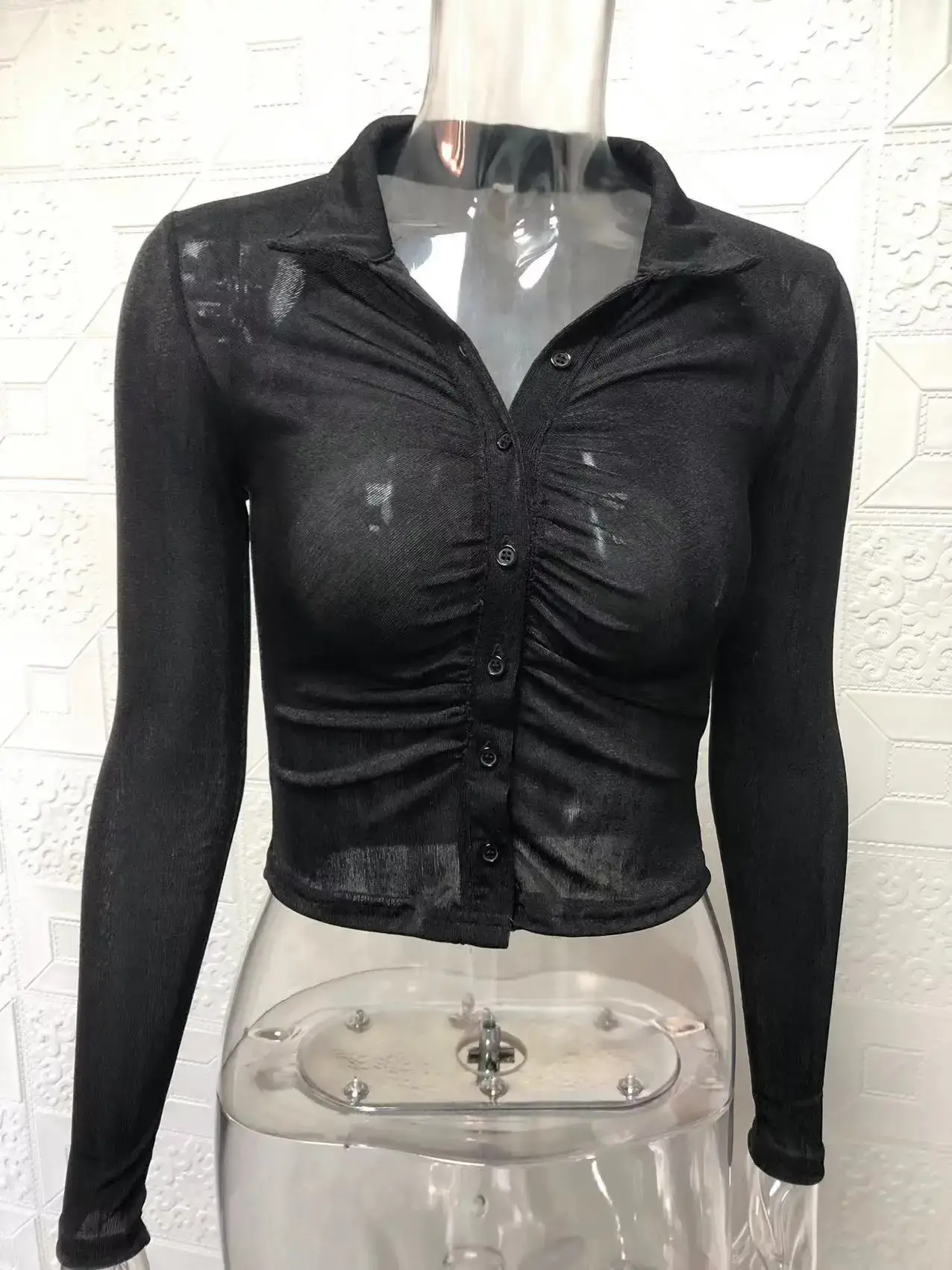 Women's Pleated Long-Sleeve Top with Cropped Design - Image 2