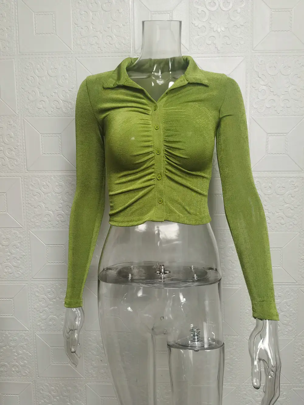 Women's Pleated Long-Sleeve Top with Cropped Design - Image 3