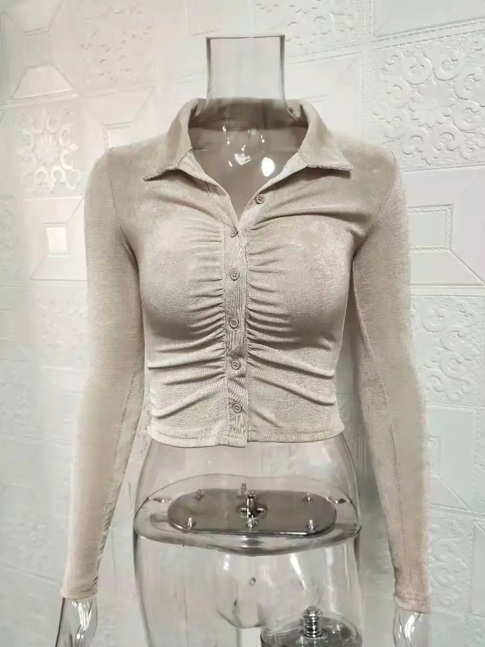 Women's Pleated Long-Sleeve Top with Cropped Design - Image 6