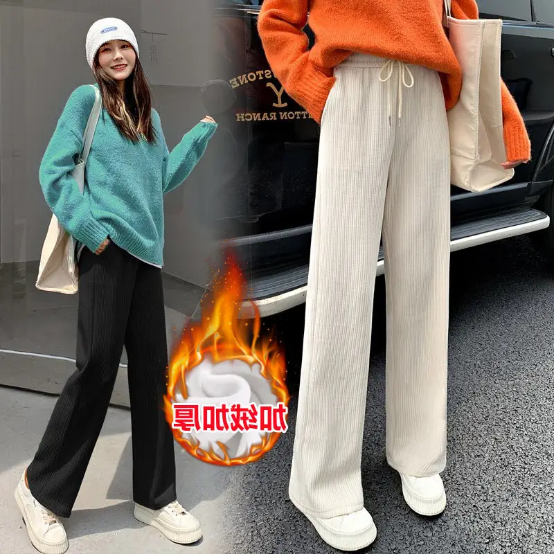 Women Fleece Lined Wide Leg Trousers 2021 Winter - Image 4