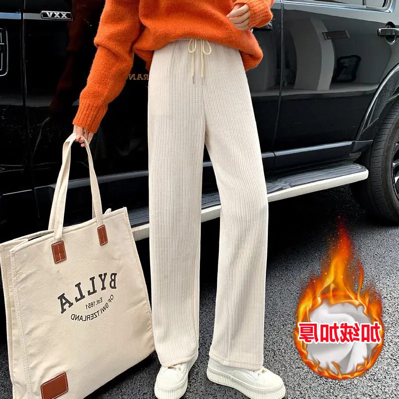 Women Fleece Lined Wide Leg Trousers 2021 Winter - Image 5