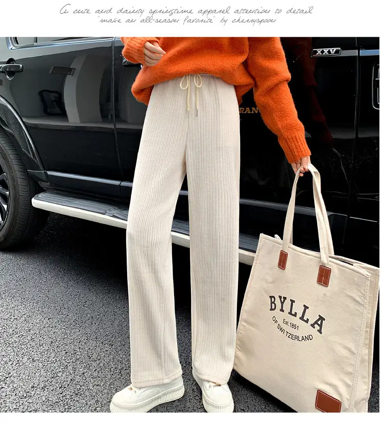 Women Fleece Lined Wide Leg Trousers 2021 Winter - Image 2