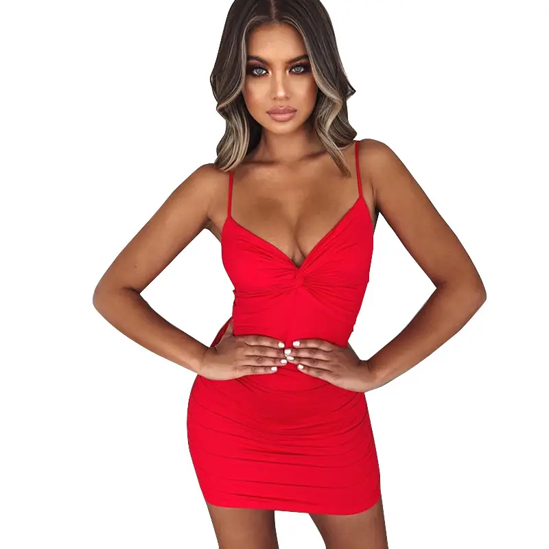 Red V-Neck Backless Hip Mini Skirt Dress - Image 5