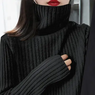 Women Black Thick Turtleneck Sweater Autumn Winter - Image 3