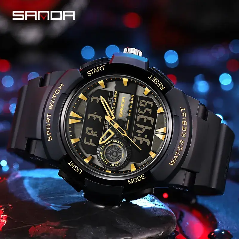 Sanda Men's Waterproof Digital Watch Black Gold Military Style - Image 4