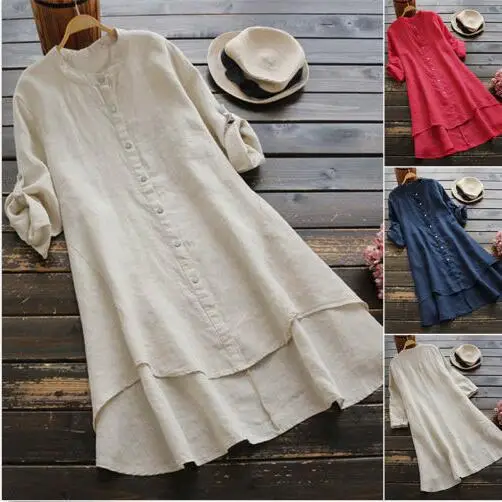 Women Cotton Button Long Sleeve Shirt Blue - Image 11