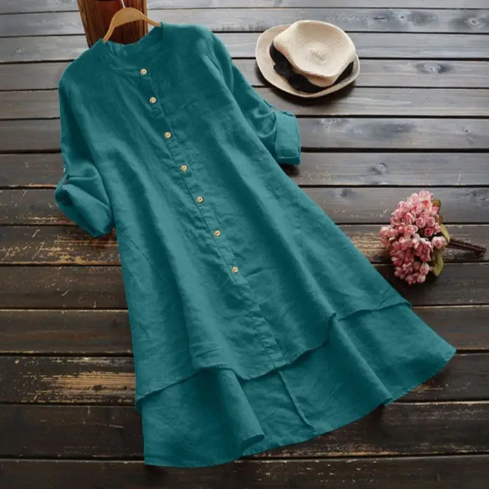 Women Cotton Button Long Sleeve Shirt Blue - Image 12