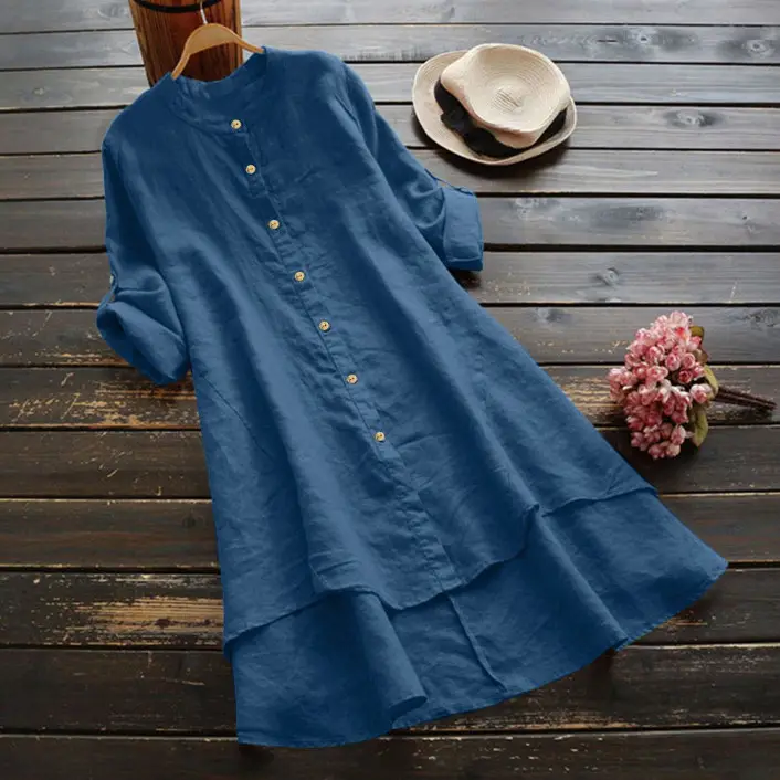 Women Cotton Button Long Sleeve Shirt Blue - Image 13