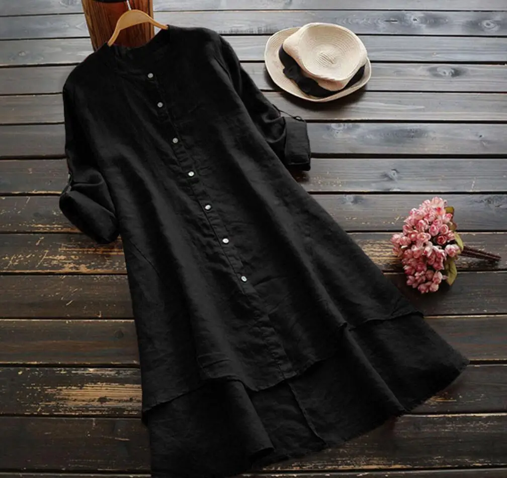 Women Cotton Button Long Sleeve Shirt Blue - Image 2