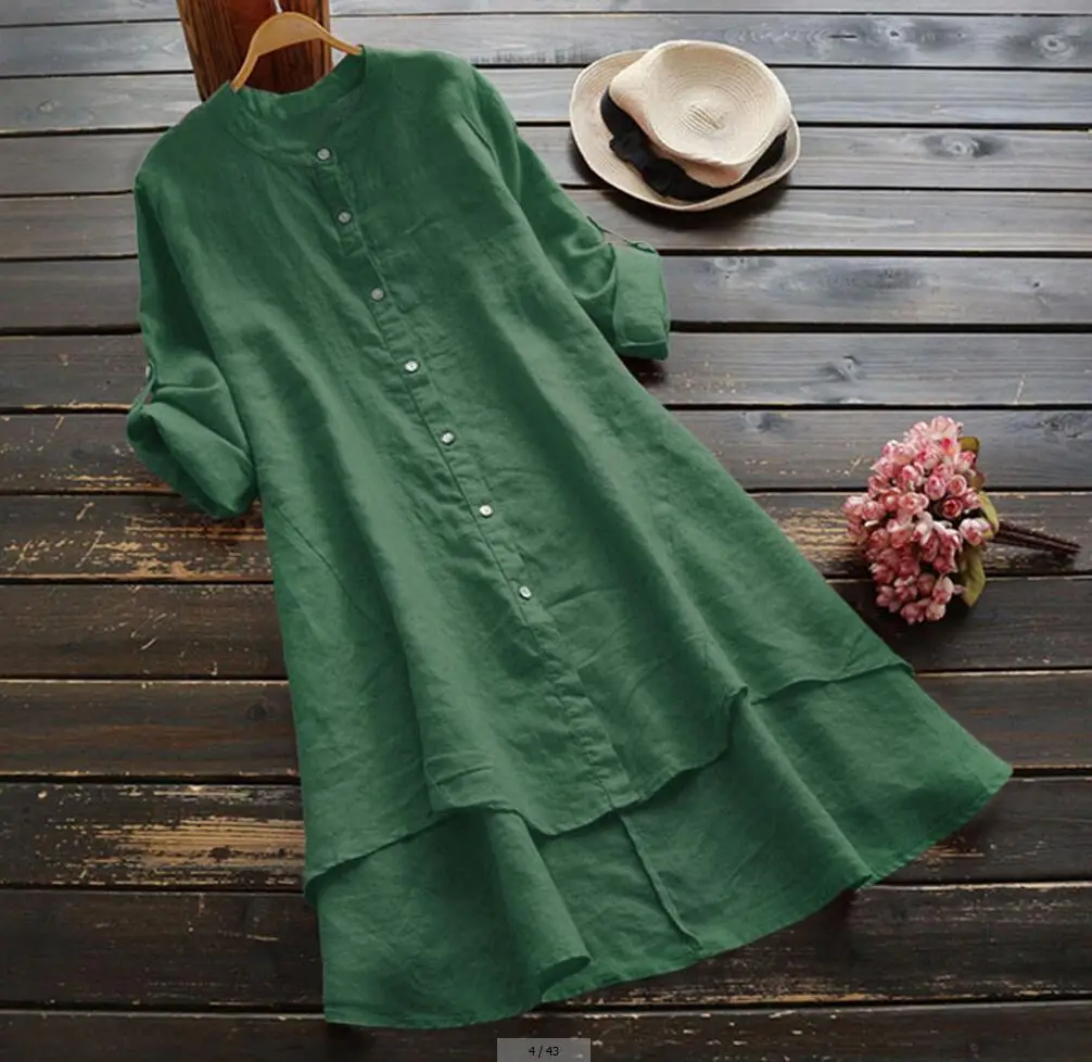 Women Cotton Button Long Sleeve Shirt Blue - Image 4