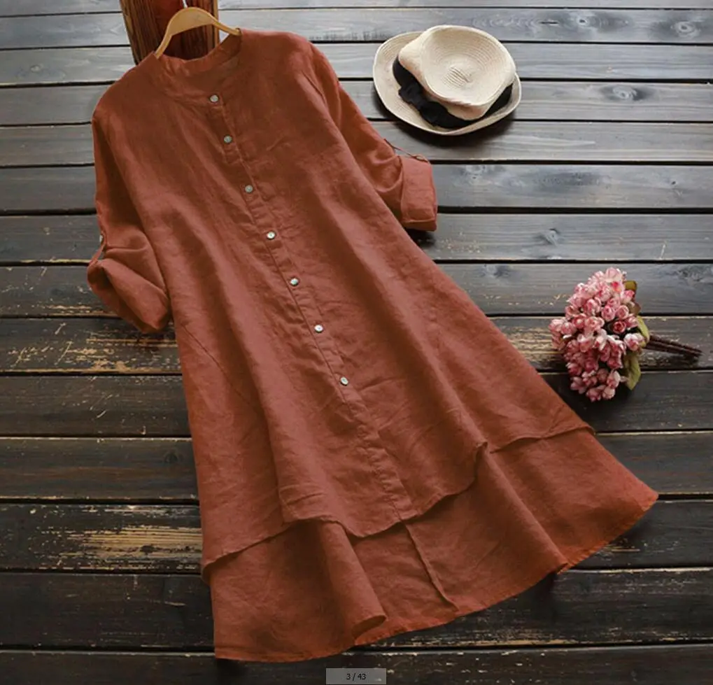 Women Cotton Button Long Sleeve Shirt Blue - Image 8