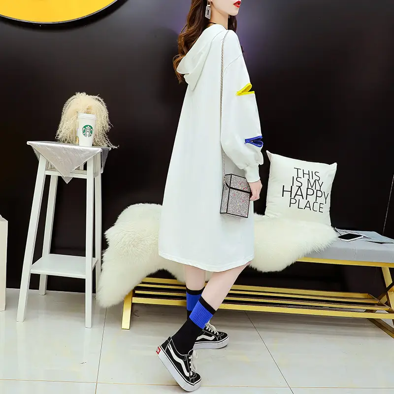 2022 Women Zipper Letter Print Hooded Top White - Image 5