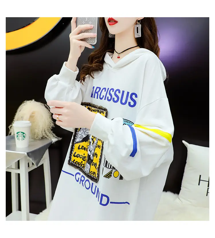 2022 Women Zipper Letter Print Hooded Top White — feature 14