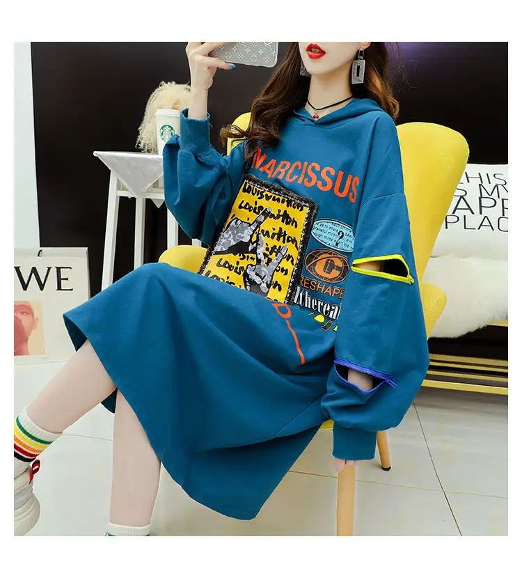 2022 Women Zipper Letter Print Hooded Top White — feature 2