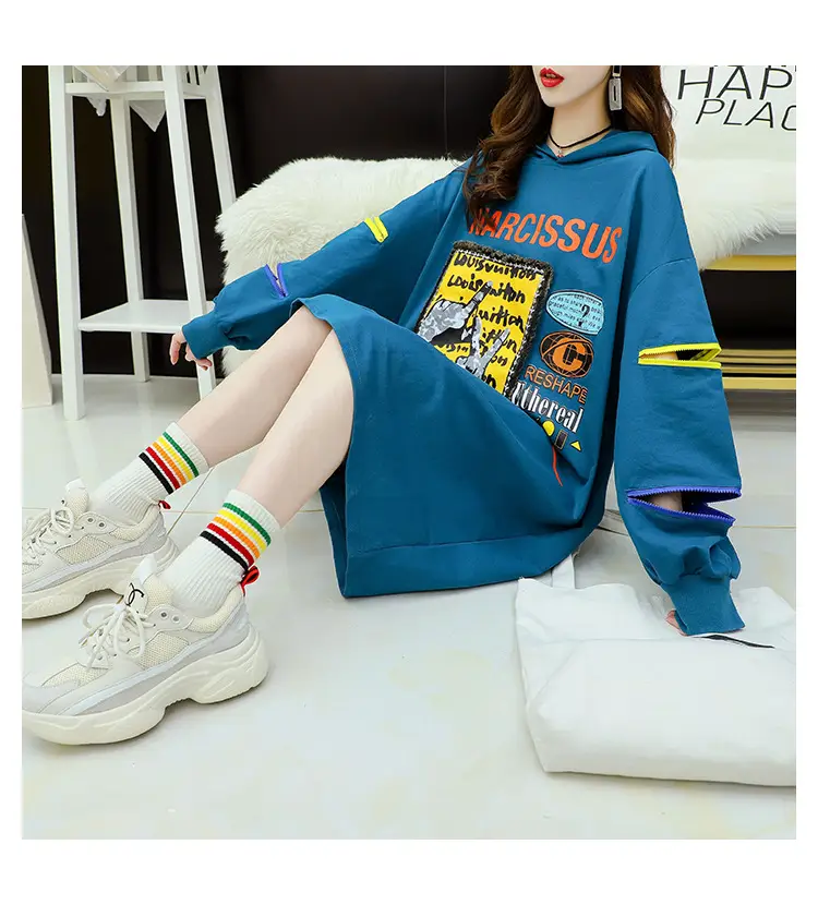 2022 Women Zipper Letter Print Hooded Top White — feature 3