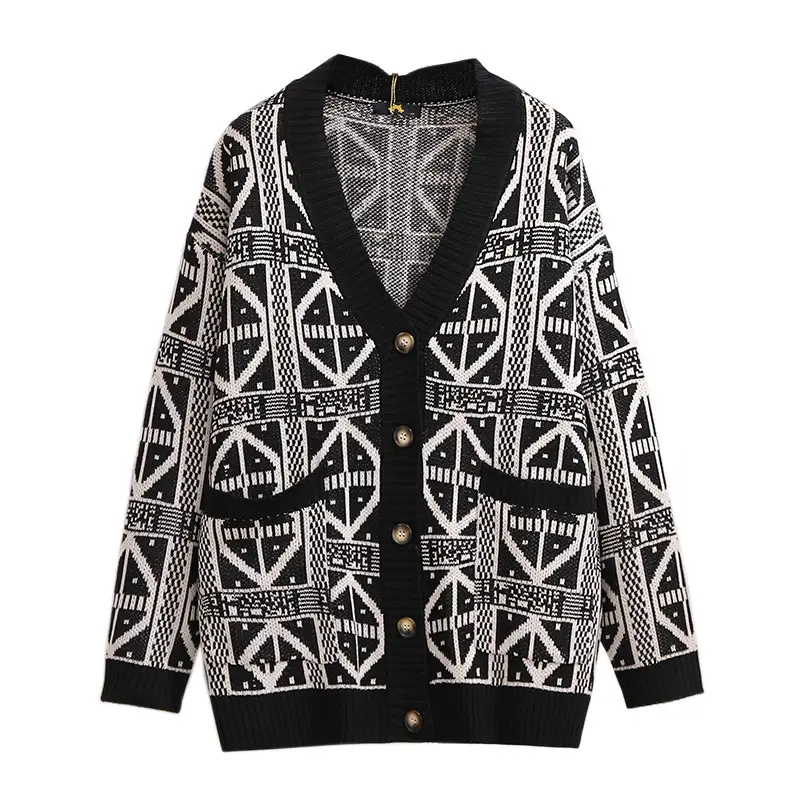 Plus Size Black White Geometric Knitted Sweater