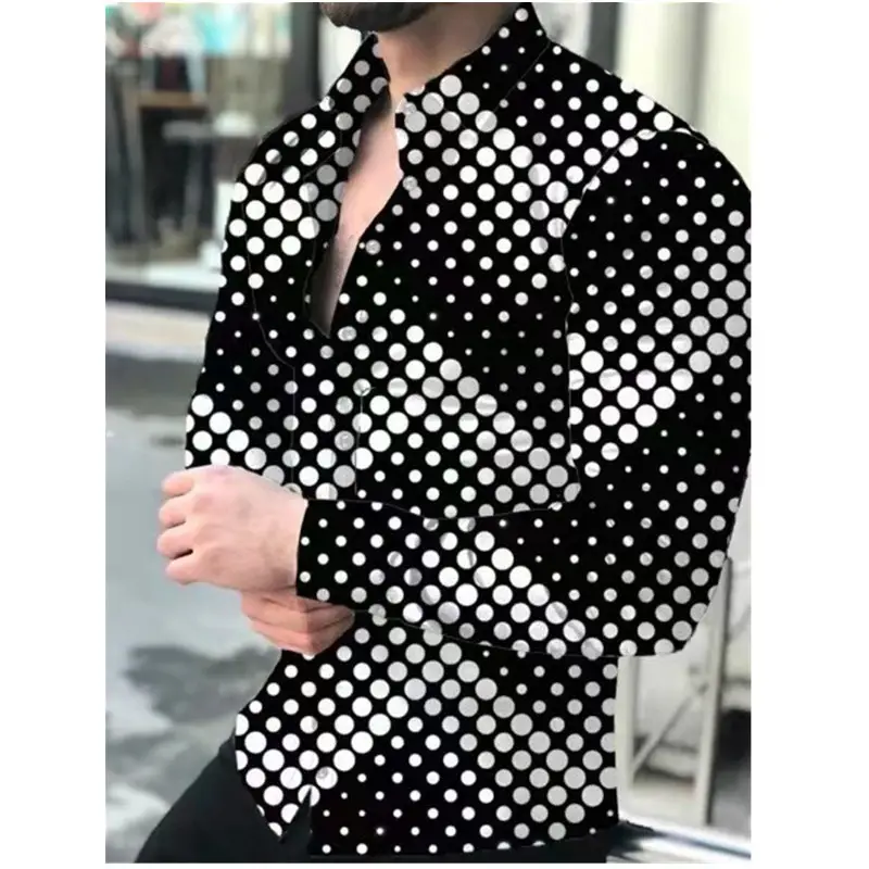 Men 3D Printed Gold Black Lapel Shirt Long Sleeve - Image 2