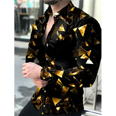 Men 3D Printed Gold Black Lapel Shirt Long Sleeve - Image 11