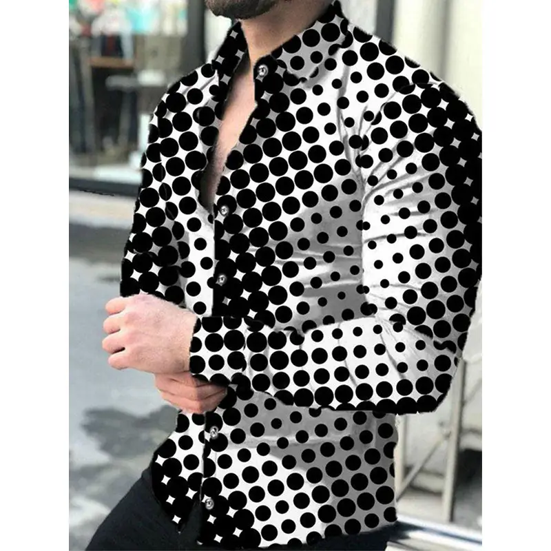 Men 3D Printed Gold Black Lapel Shirt Long Sleeve - Image 12