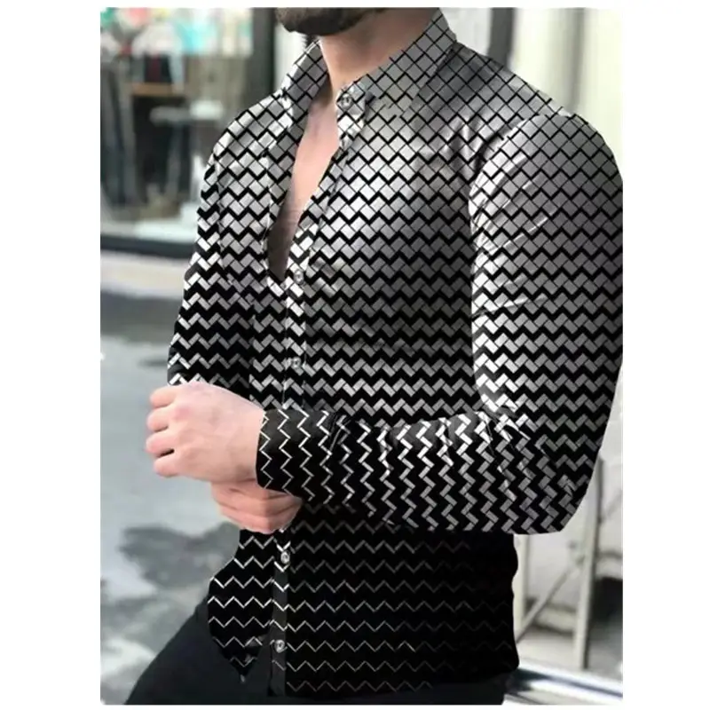 Men 3D Printed Gold Black Lapel Shirt Long Sleeve - Image 3