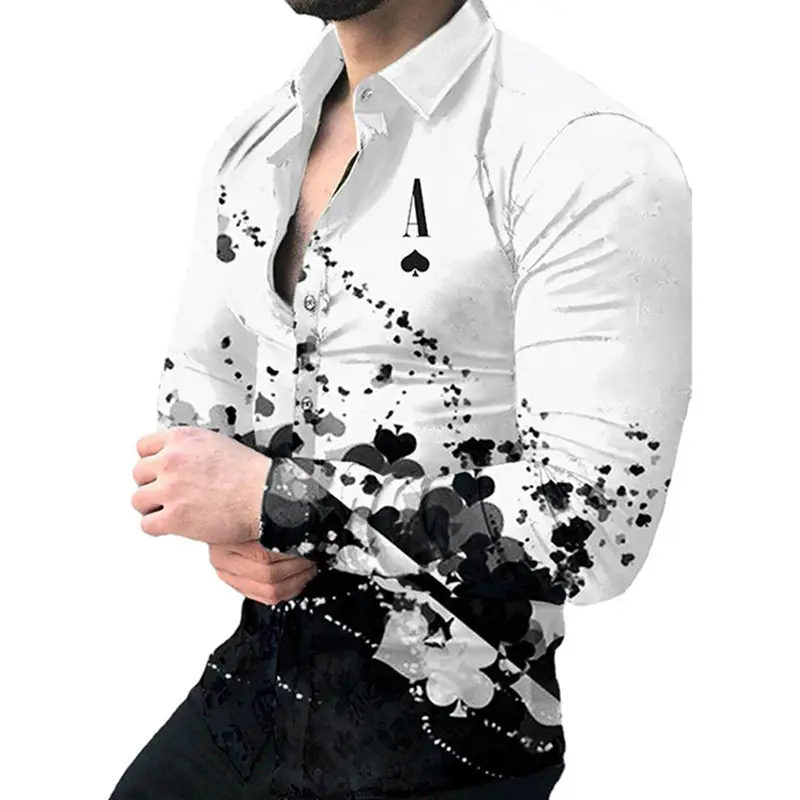 Men 3D Printed Gold Black Lapel Shirt Long Sleeve - Image 7