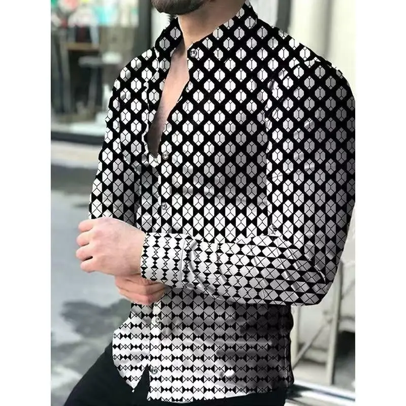 Men 3D Printed Gold Black Lapel Shirt Long Sleeve - Image 8