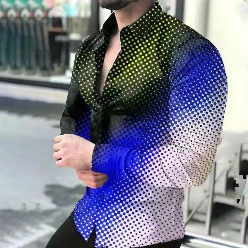 Men 3D Printed Gold Black Lapel Shirt Long Sleeve - Image 9